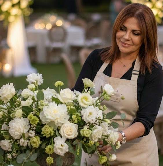 Márcia Monteiro organizando arranjo floral
